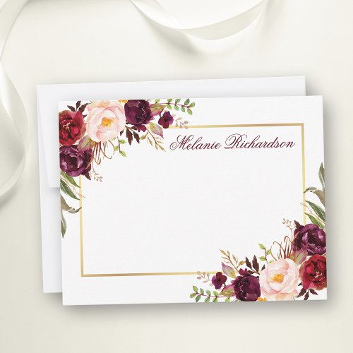 Watercolor Floral Burgundy Gold Frame Personalized Note Card