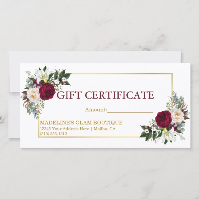 Watercolor Floral Burgundy Gold Gift Certificate (Front)
