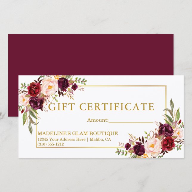 Watercolor Floral Burgundy Gold Gift Certificate (Front/Back)