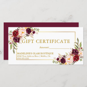 Watercolor Floral Burgundy Gold Gift Certificate