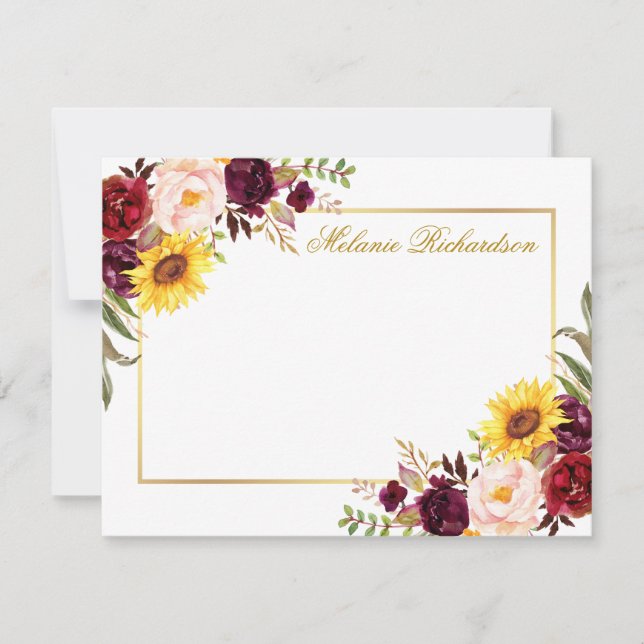 Watercolor Floral Burgundy Gold Personalized Note Card (Front)