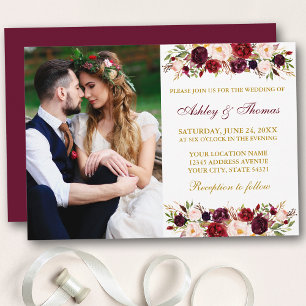 Watercolor Floral Burgundy Gold Photo Wedding Invitation