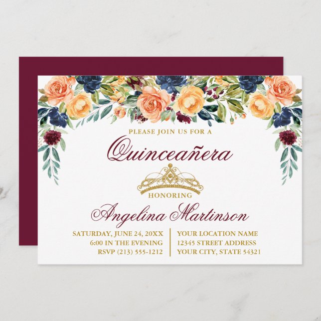 Watercolor Floral Burgundy Gold Quinceanera Party Invitation (Front/Back)