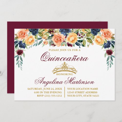 Watercolor Floral Burgundy Gold Quinceanera Party Invitation