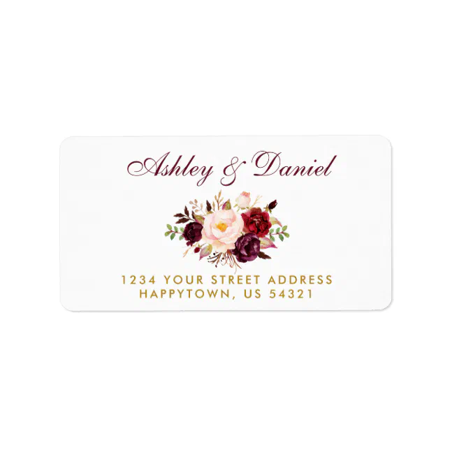 Watercolor Floral Burgundy Gold Wedding Address B Label | Zazzle
