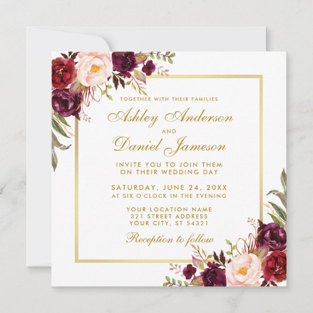 Watercolor Floral Burgundy Gold Wedding Card S (Front)