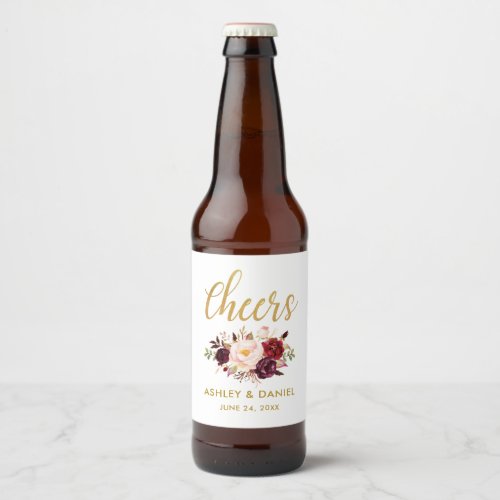 Watercolor Floral Burgundy Gold Wedding Cheers Beer Bottle Label