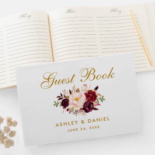 Watercolor Floral Burgundy Gold Wedding Guest Book