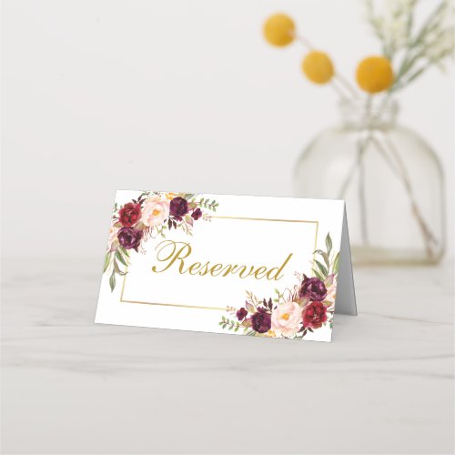 Watercolor Floral Burgundy Gold Wedding Reserved Place Card