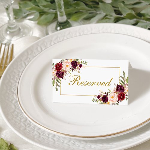 Watercolor Floral Burgundy Gold Wedding Reserved Place Card