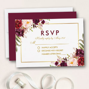Watercolor Floral Burgundy Gold Wedding RSVP BG Card