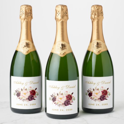 Watercolor Floral Burgundy Gold Wedding Sparkling Wine Label