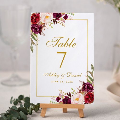 Watercolor Floral Burgundy Gold Wedding Table Number