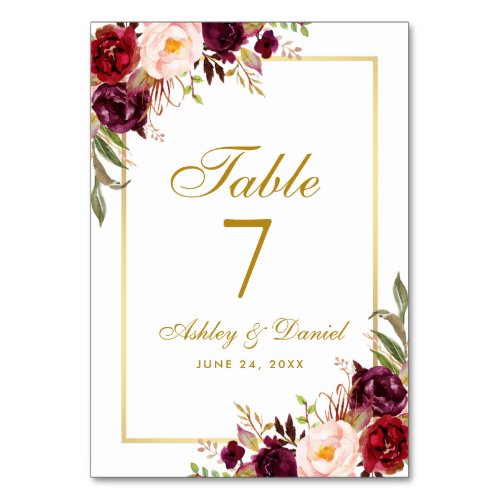 Watercolor Floral Burgundy Gold Wedding Table Number