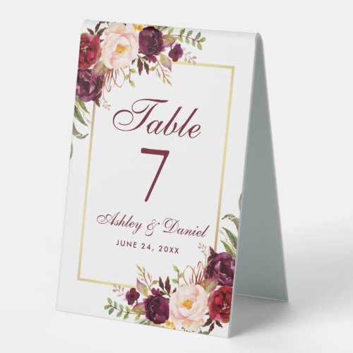 Watercolor Floral Burgundy Gold Wedding Table Tent Sign