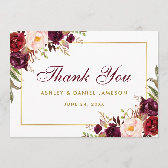 Watercolor Floral Burgundy Gold Wedding Thanks B Thank You Card