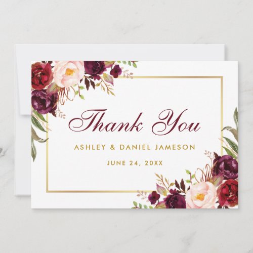 Watercolor Floral Burgundy Gold Wedding Thanks B Thank You Card