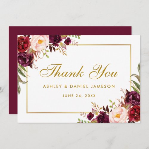 Watercolor Floral Burgundy Gold Wedding Thanks GB Thank You Card
