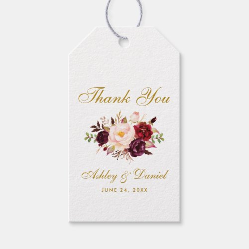 Watercolor Floral Burgundy Gold Wedding Thanks Gift Tags