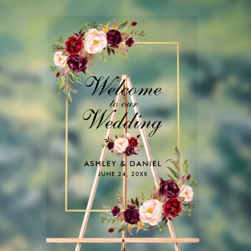 Watercolor Floral Burgundy Gold Wedding Welcome Acrylic Sign