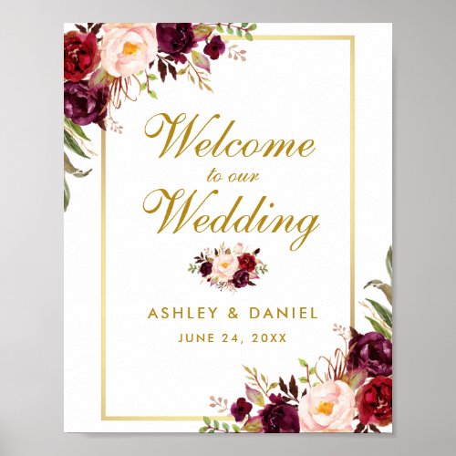 Watercolor Floral Burgundy Gold Wedding Welcome Poster