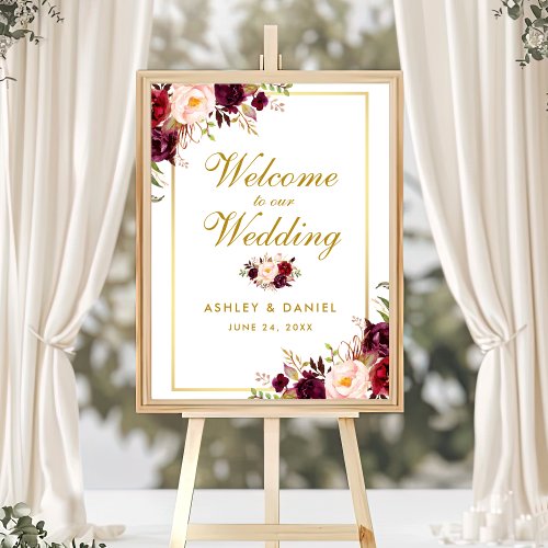 Watercolor Floral Burgundy Gold Wedding Welcome Poster