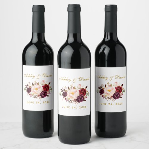 Watercolor Floral Burgundy Gold Wedding Wine Label