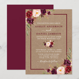 Watercolor Floral Burgundy Kraft Wedding Invitation