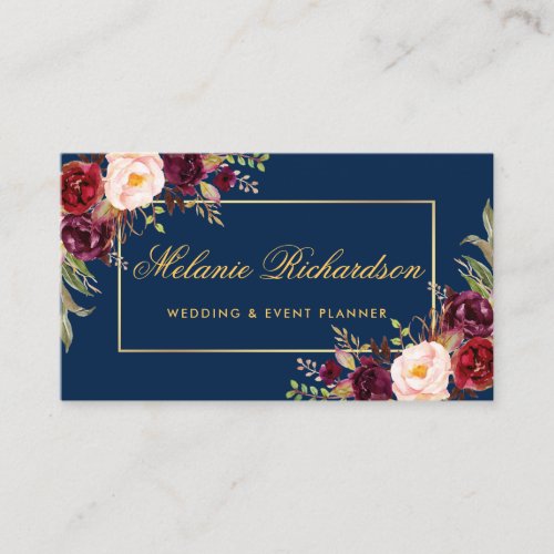 Watercolor Floral Burgundy Marsala Blue Gold Business Card