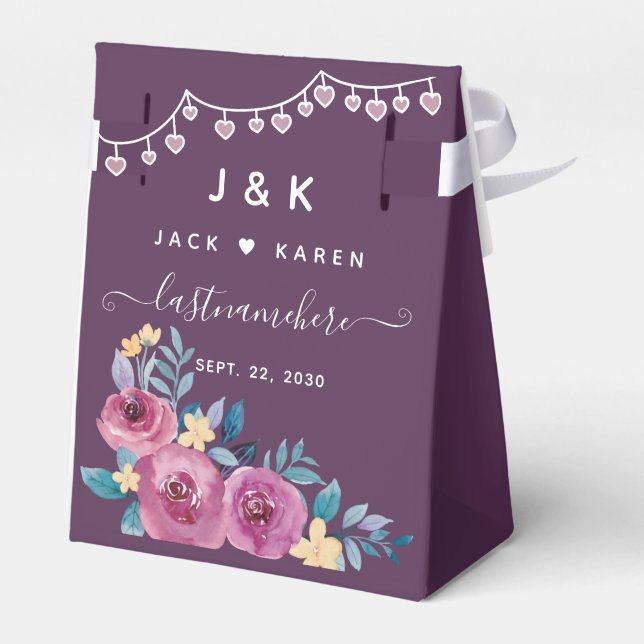 Watercolor Floral Burgundy Monogram & Names Favor Boxes (Back Side)