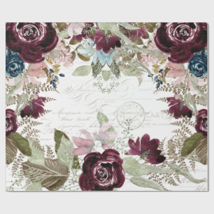 Watercolor Floral Burgundy n Navy Script Decoupage Wrapping Paper