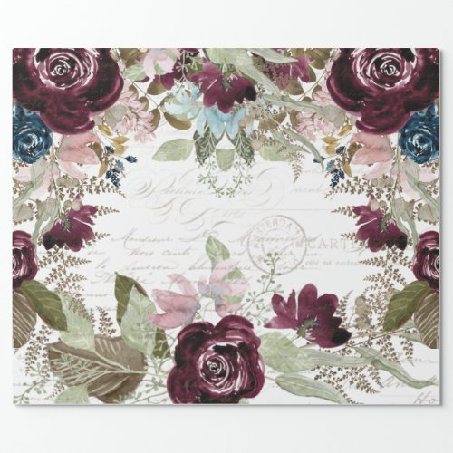 Watercolor Floral Burgundy n Navy Script Decoupage Wrapping Paper