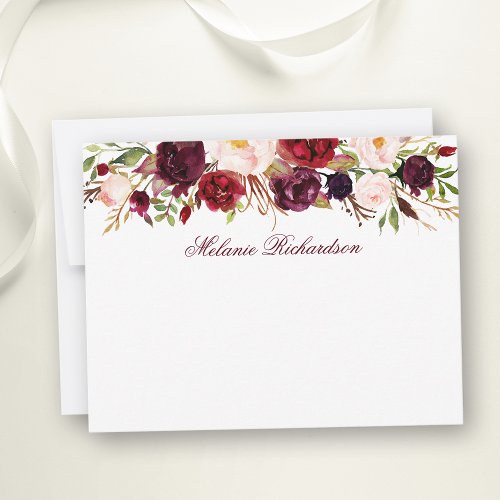 Watercolor Floral Burgundy Personalized Note Card