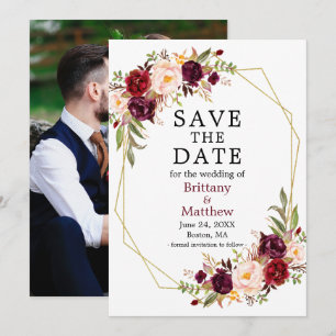 Watercolor Floral Burgundy Photo Geo Frame Save The Date