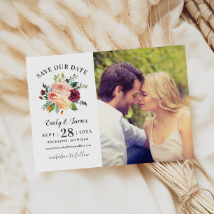 Watercolor Floral Burgundy Photo Wedding Save The Date