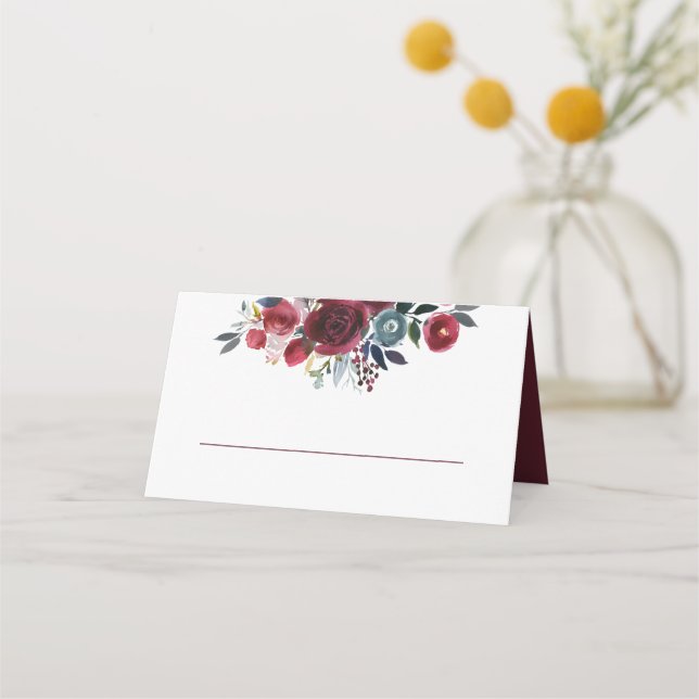 Watercolor Floral Burgundy Place Card (Front)