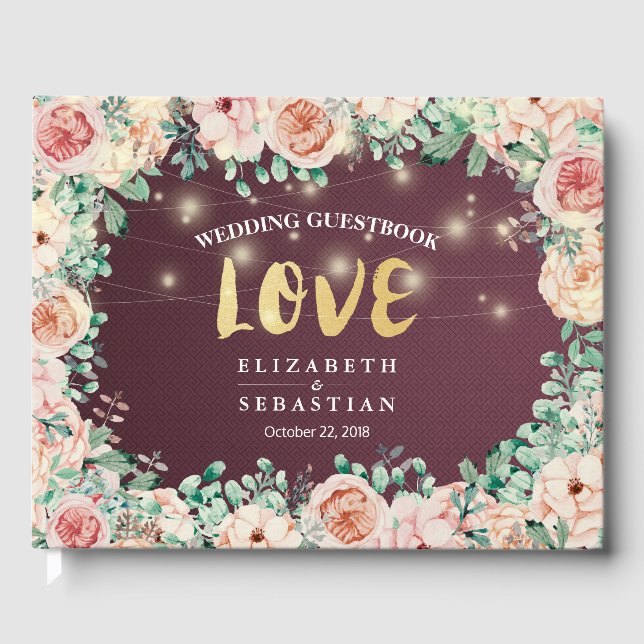 Watercolor Floral Burgundy Red Wedding Guestbook (Front)