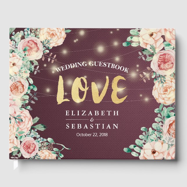 Watercolor Floral Burgundy Red Wedding Guestbook (Front)