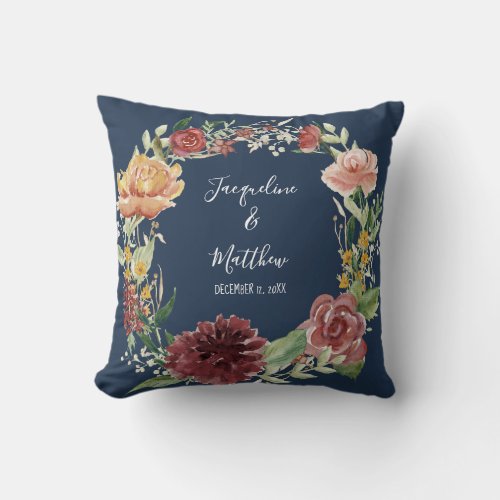 Watercolor Floral Burgundy Roses Ring Bearer Throw Pillow