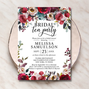 Watercolor Floral Burgundy Tea Party Bridal Shower Invitation by UniqueWeddingShop at Zazzle