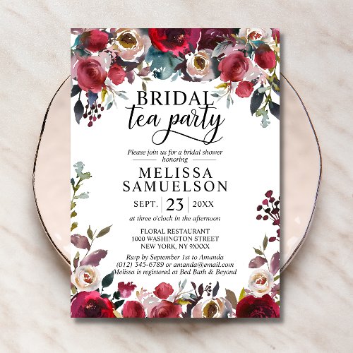 Watercolor Floral Burgundy Tea Party Bridal Shower Invitation