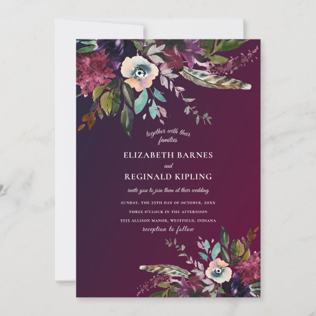 Watercolor Floral Burgundy Wash QR Code Wedding Invitation (Front)