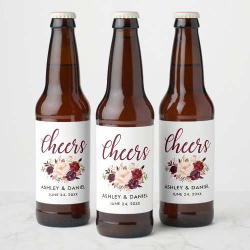 Watercolor Floral Burgundy Wedding Cheers Beer Bottle Label