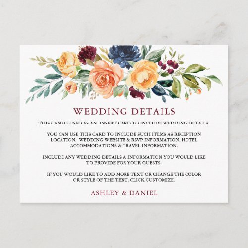 Watercolor Floral Burgundy Wedding Details Card