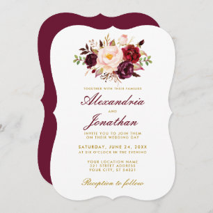 Watercolor Floral Burgundy Wedding Gold BR Invitation