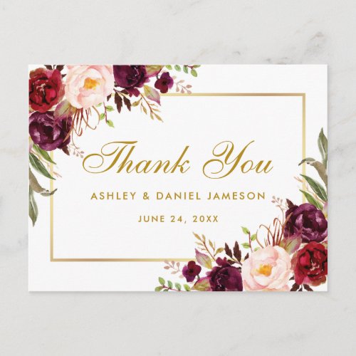 Watercolor Floral Burgundy Wedding Gold Thank You Postcard