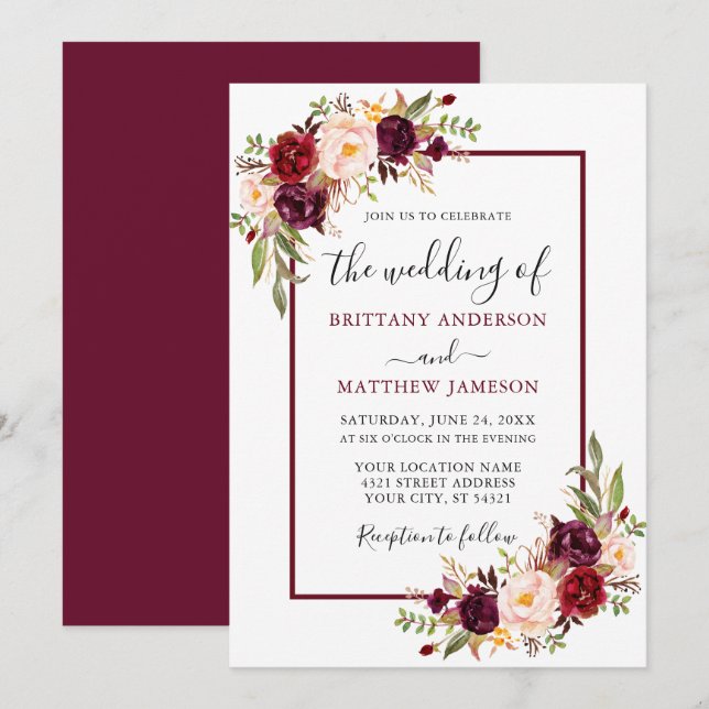 Watercolor Floral Burgundy Wedding  Invitation (Front/Back)