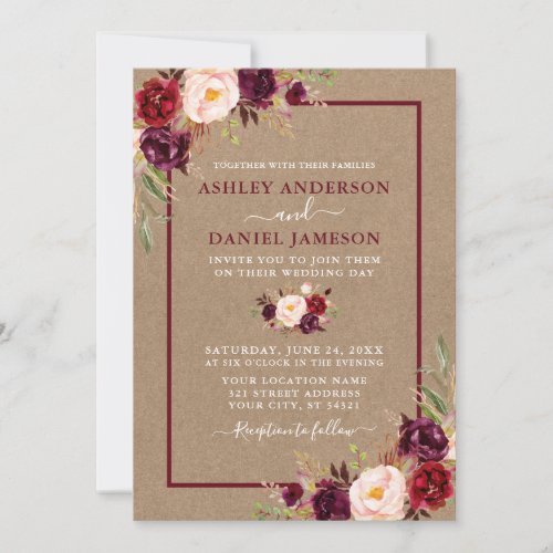 Watercolor Floral Burgundy Wedding Kraft Invitation