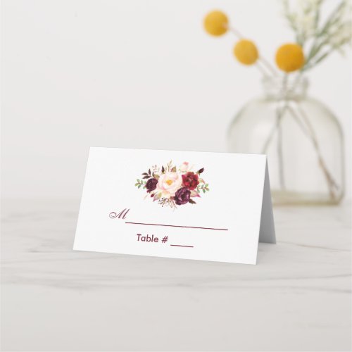 Watercolor Floral Burgundy Wedding Place Card