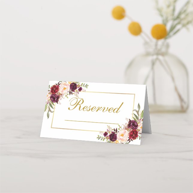 Watercolor Floral Burgundy Wedding Reserved Gold Place Card (Front)